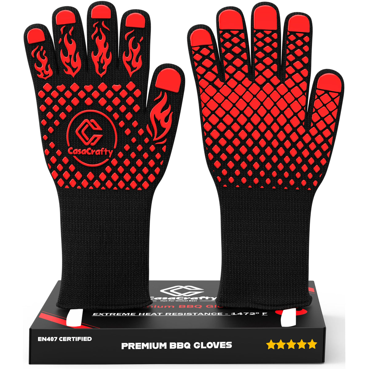 Casacrafty Pro-Series BBQ Gloves closeup grip for secure handling of hot cookware.