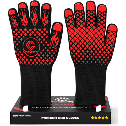 Casacrafty Pro-Series BBQ Gloves closeup grip for secure handling of hot cookware.