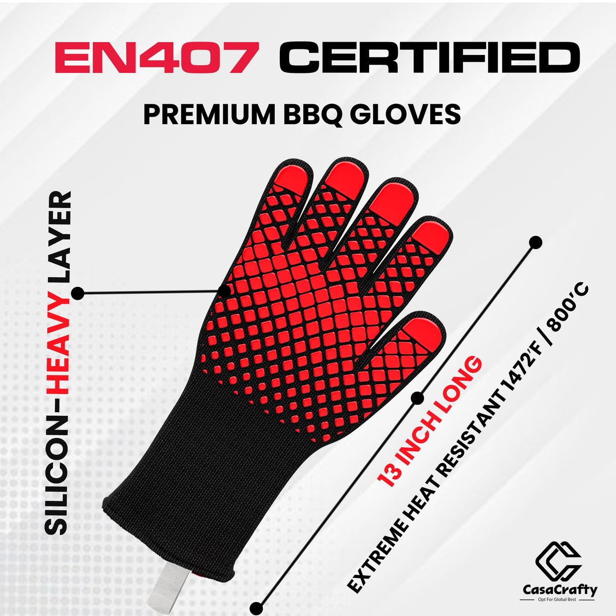 Casacrafty Pro-Series BBQ Gloves high heat resistance up to 500°C, 932°F.