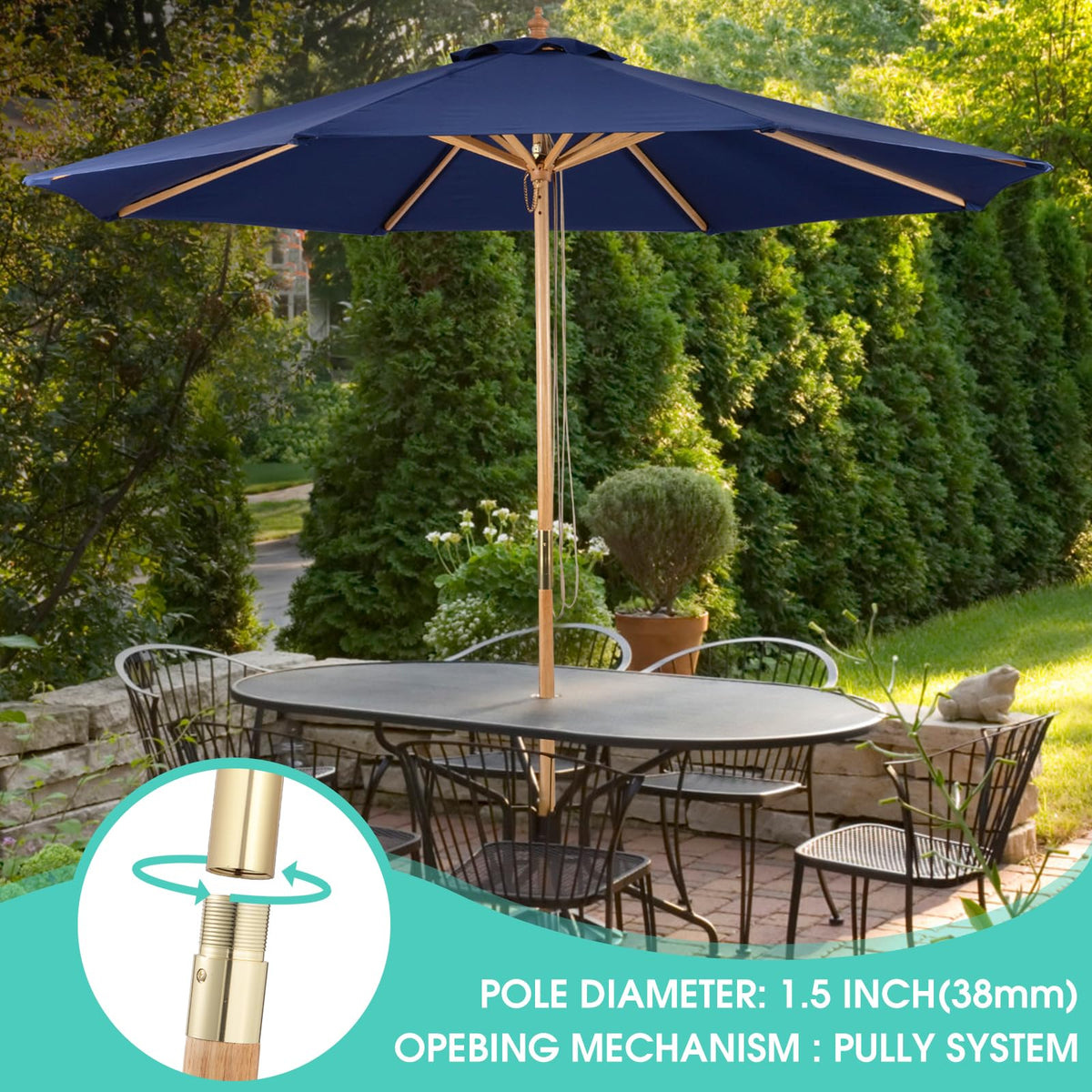 CASUNER 9ft bamboo umbrella pulley lift in action, easy opening for shade