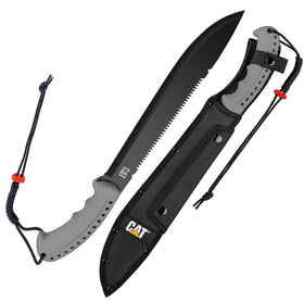 CAT Latin 21-inch machete blade close-up, showcasing durable stainless steel for heavy-duty cutting.