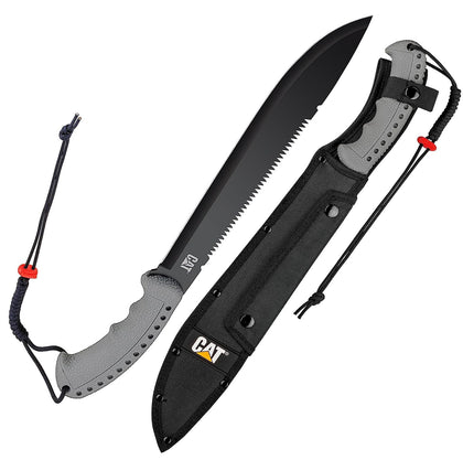 CAT Latin 21-inch machete blade close-up, showcasing durable stainless steel for heavy-duty cutting.