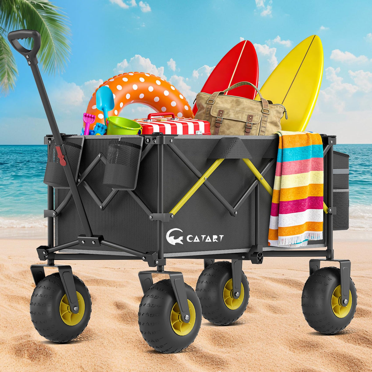 CAtArt Beach Wagon with big wheels glides smoothly over sand.