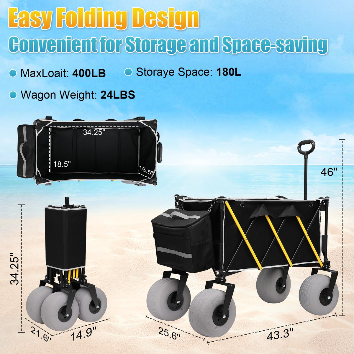 CatArt Beach Wagon sturdy heavy-duty frame supports 400lb loads