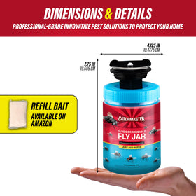 Catchmaster Fly Jar placed on the ground for easy access in outdoor spaces.