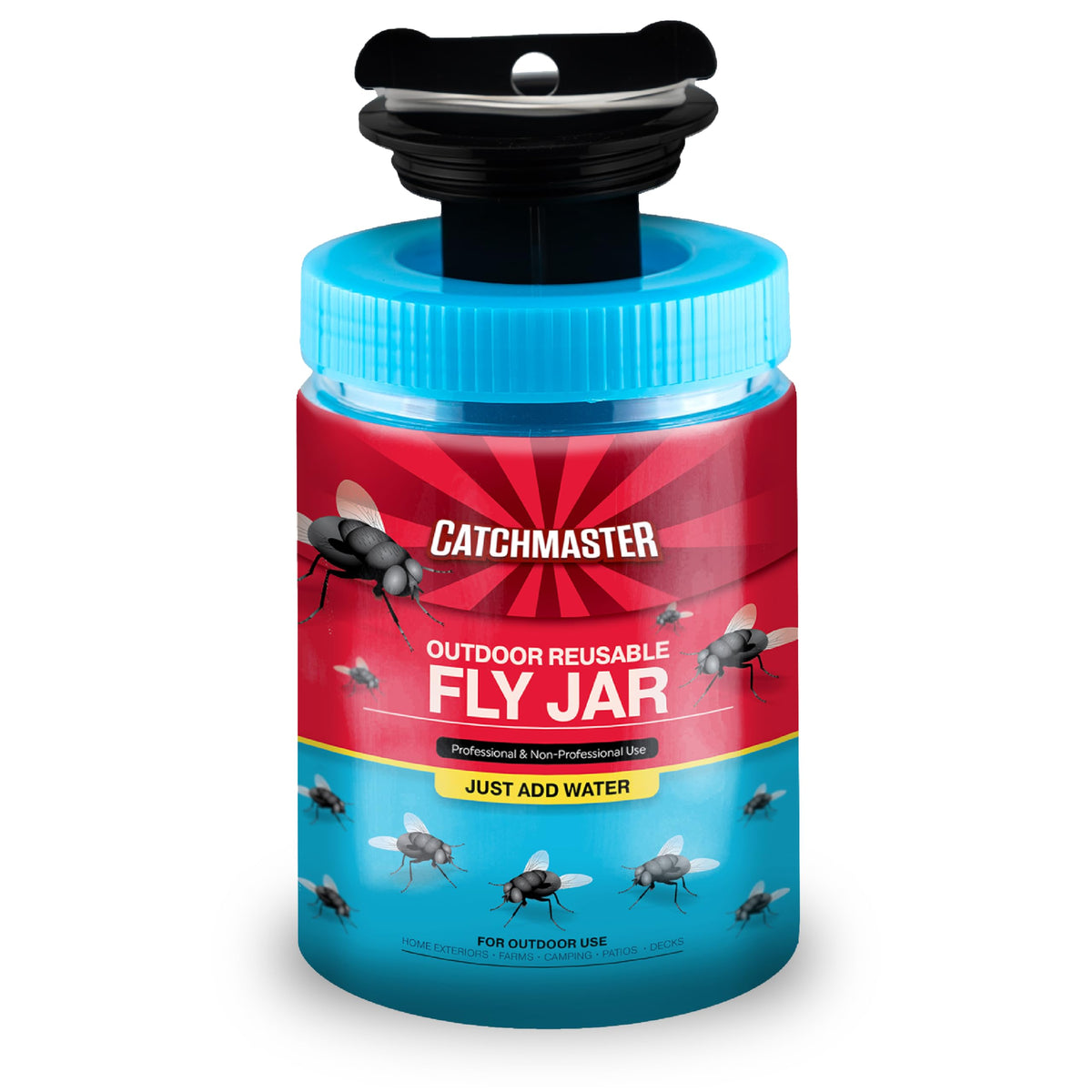 Catchmaster Fly Jar with airlock lid for no-mess outdoor disposal.