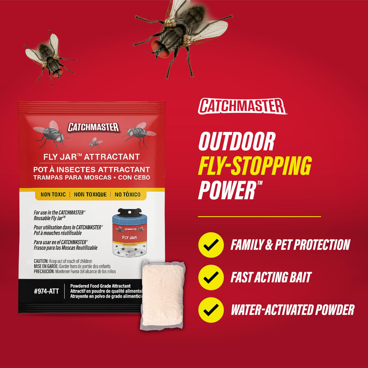 Catchmaster fly jar refill bait 3-pack displayed for quick replenishment.