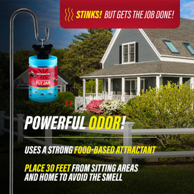 Catchmaster food-based lure attractant highlighted for broad fly attraction.