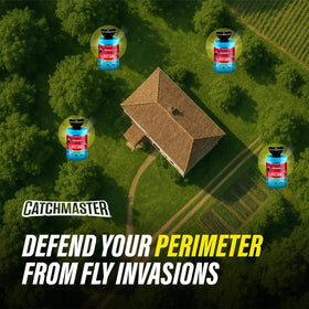 Catchmaster outdoor fly trap in action near a sunny garden.