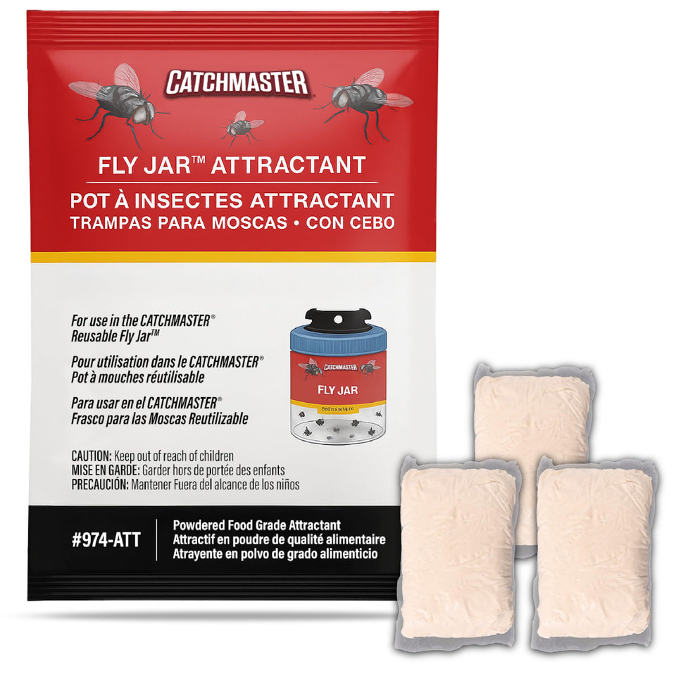 Catchmaster reusable fly trap jar shown outdoors ready to attract flies.