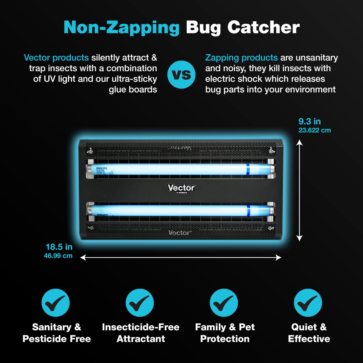 Catchmaster Vector 30 Black bulbs inside emphasize UV attractant for far-range insect capture.