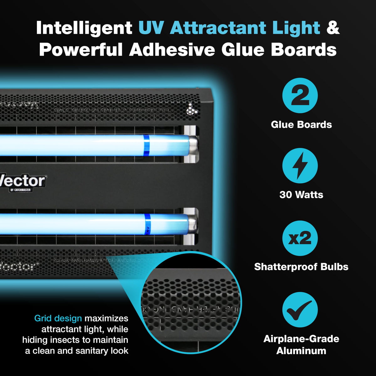 Catchmaster Vector 30 Black internal assembly highlights replaceable glue board for easy maintenance.