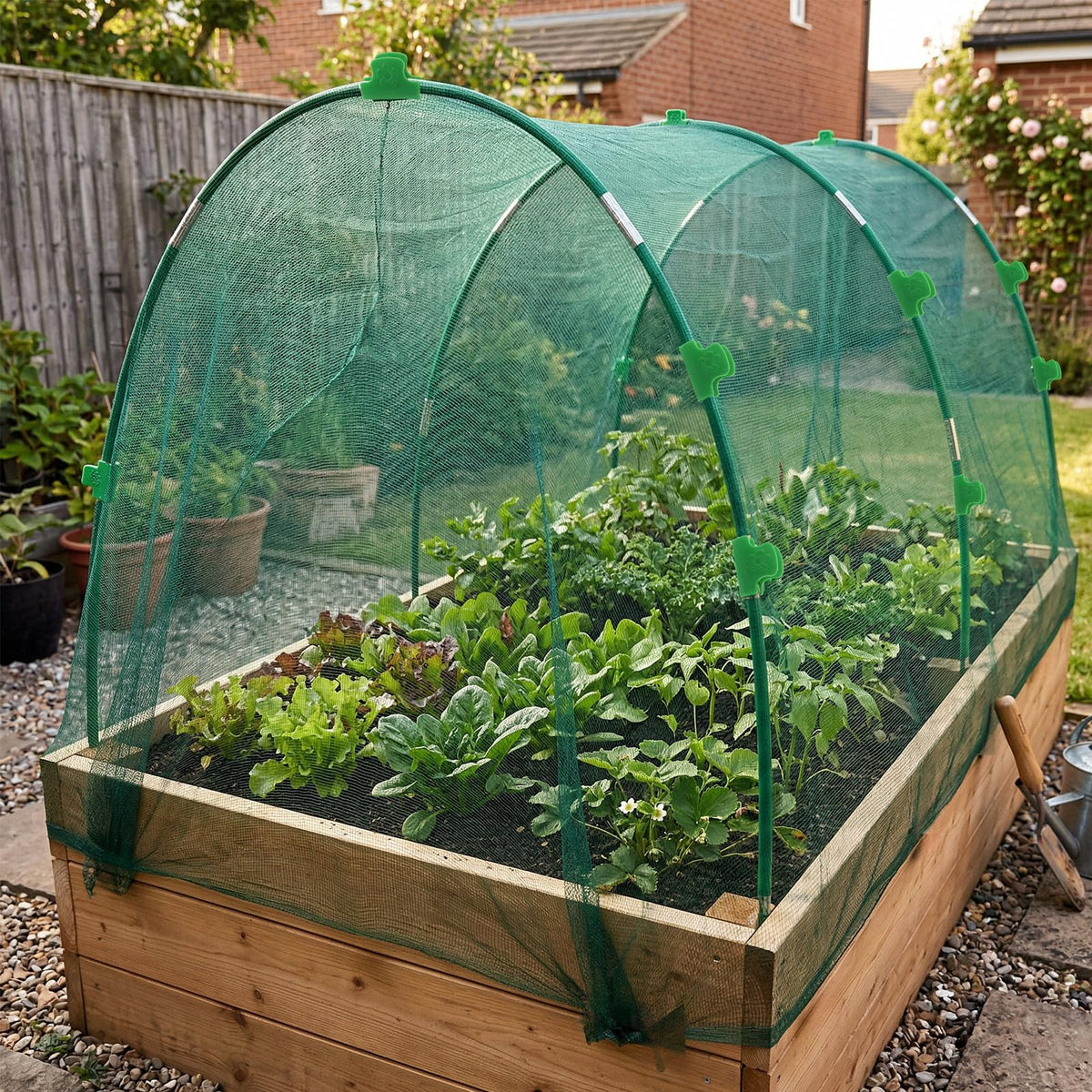 Catephe year-round-use with frost fabric or shade cloth supports seasonal growing.