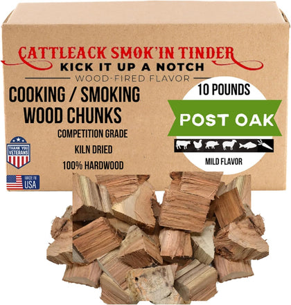 Cattleack Smok'in Tinder post oak chunks in a 10 lb box for authentic Texas BBQ smoke