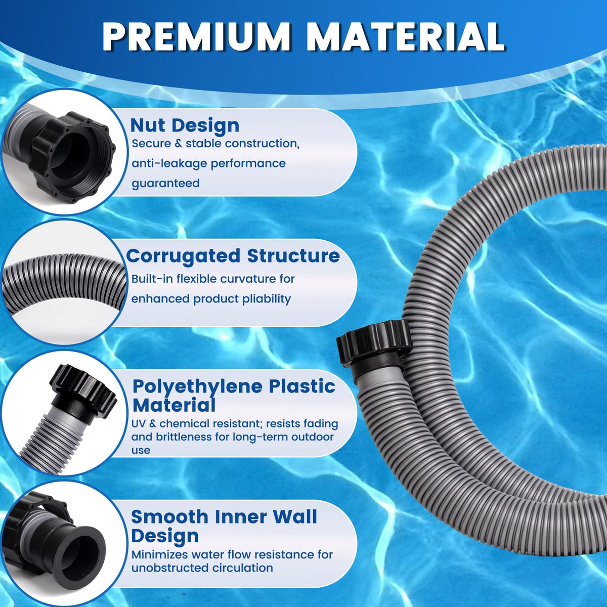 CAVENLLI 1.5-inch hoses fit Intex, saltwater, and sand filters for versatile use.