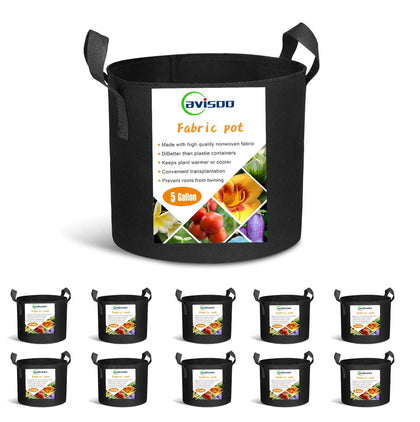 Cavisoo 10-pack 5-gallon grow bags with heavy-duty 300G fabric for durable reuse.