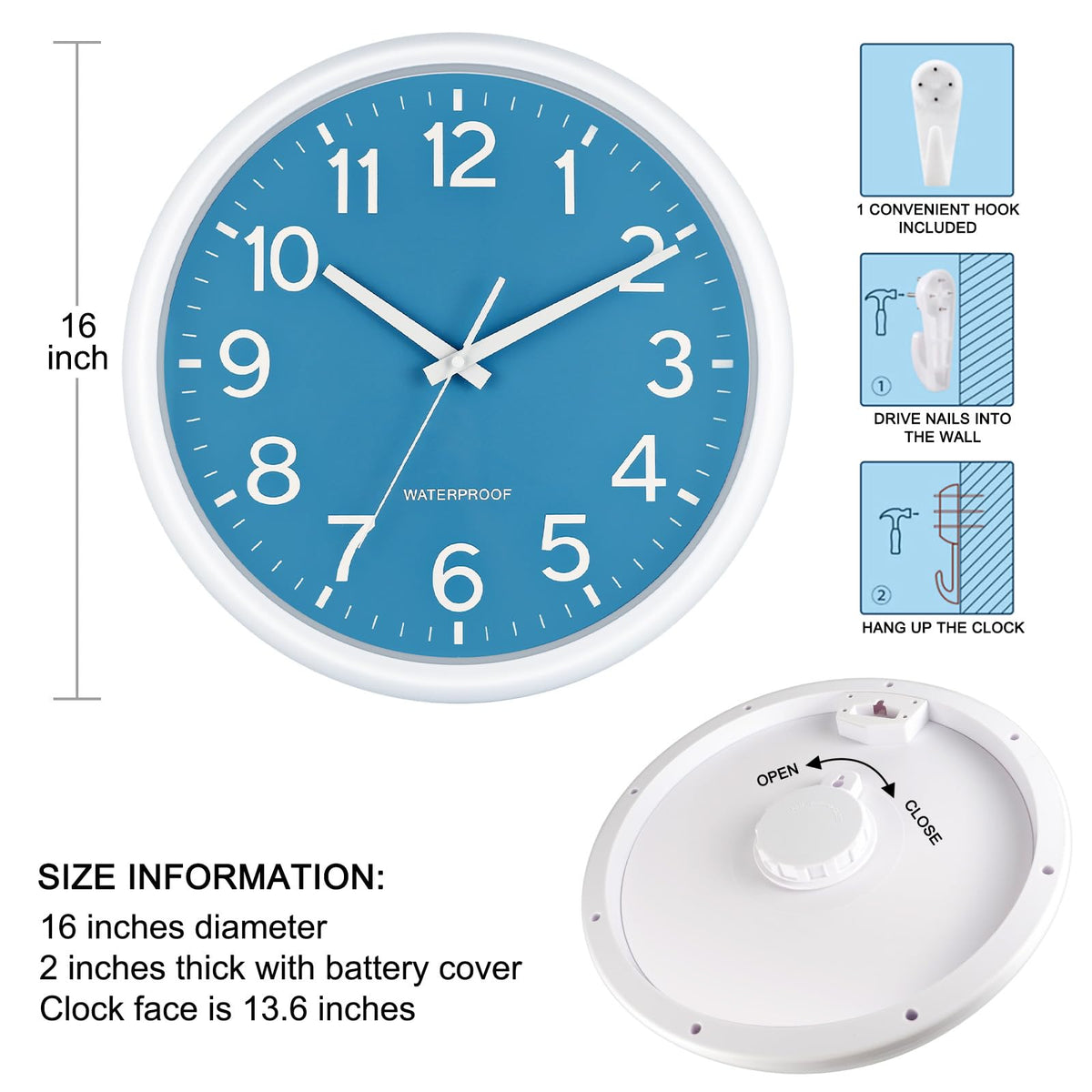 Caysie 16-inch weatherproof clock ideal for poolside spaces