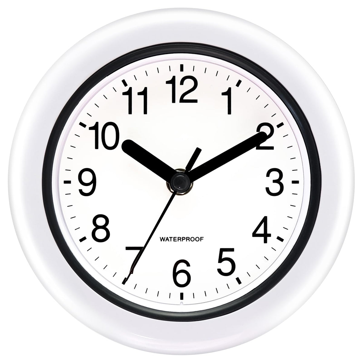 Caysie sealed clock front view with white dial for easy time reading from afar.