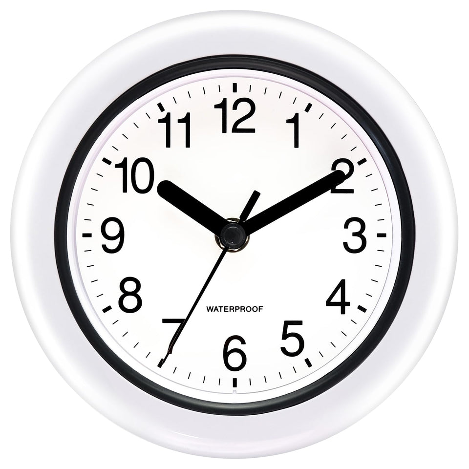 Caysie sealed clock front view with white dial for easy time reading from afar.