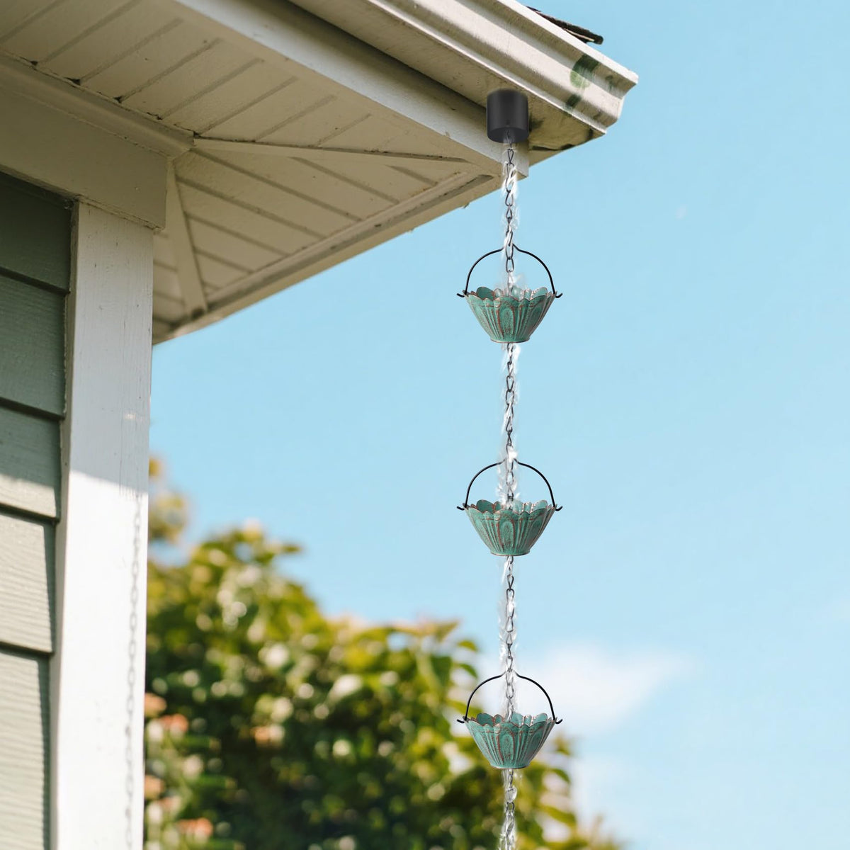 CBAXEAXM rain chain enhances garden or patio décor.