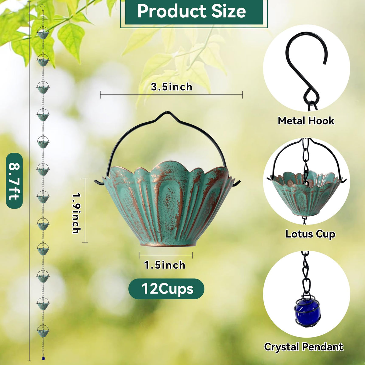 CBAXEAXM rain chain with 12 lotus cups displaying decorative water flow.