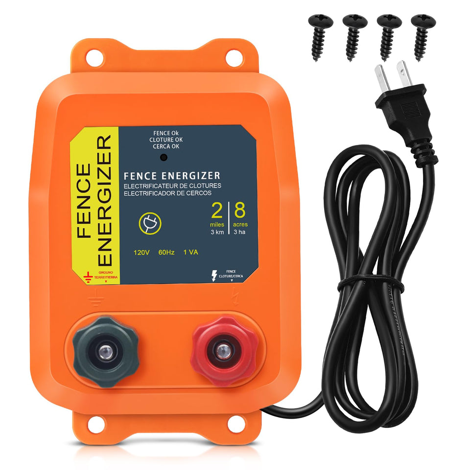 CCTP PE2 fence charger shows 2-mile coverage for livestock containment.