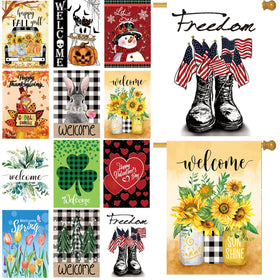 CDLong seasonal garden flags 12-pack front view boosts curb appeal with year-round designs.