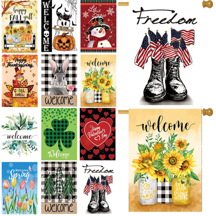 CDLong seasonal garden flags 12-pack front view boosts curb appeal with year-round designs.
