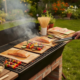 CEDAR ALPHA planks with vegetables on grill create subtle smoke.