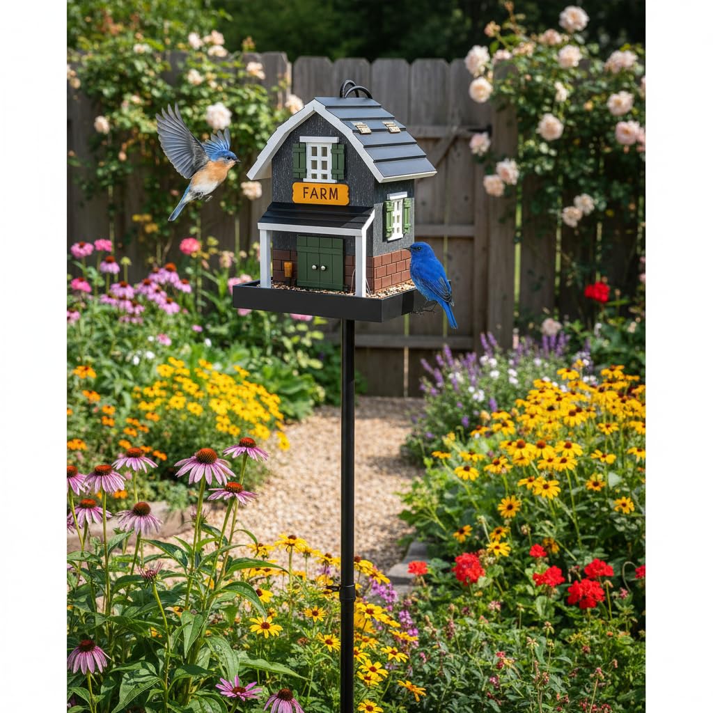 CEDAR ALPHA birdfeeder with colorful design enhances garden decor and feeding.
