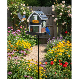 CEDAR ALPHA birdfeeder with colorful design enhances garden decor and feeding.
