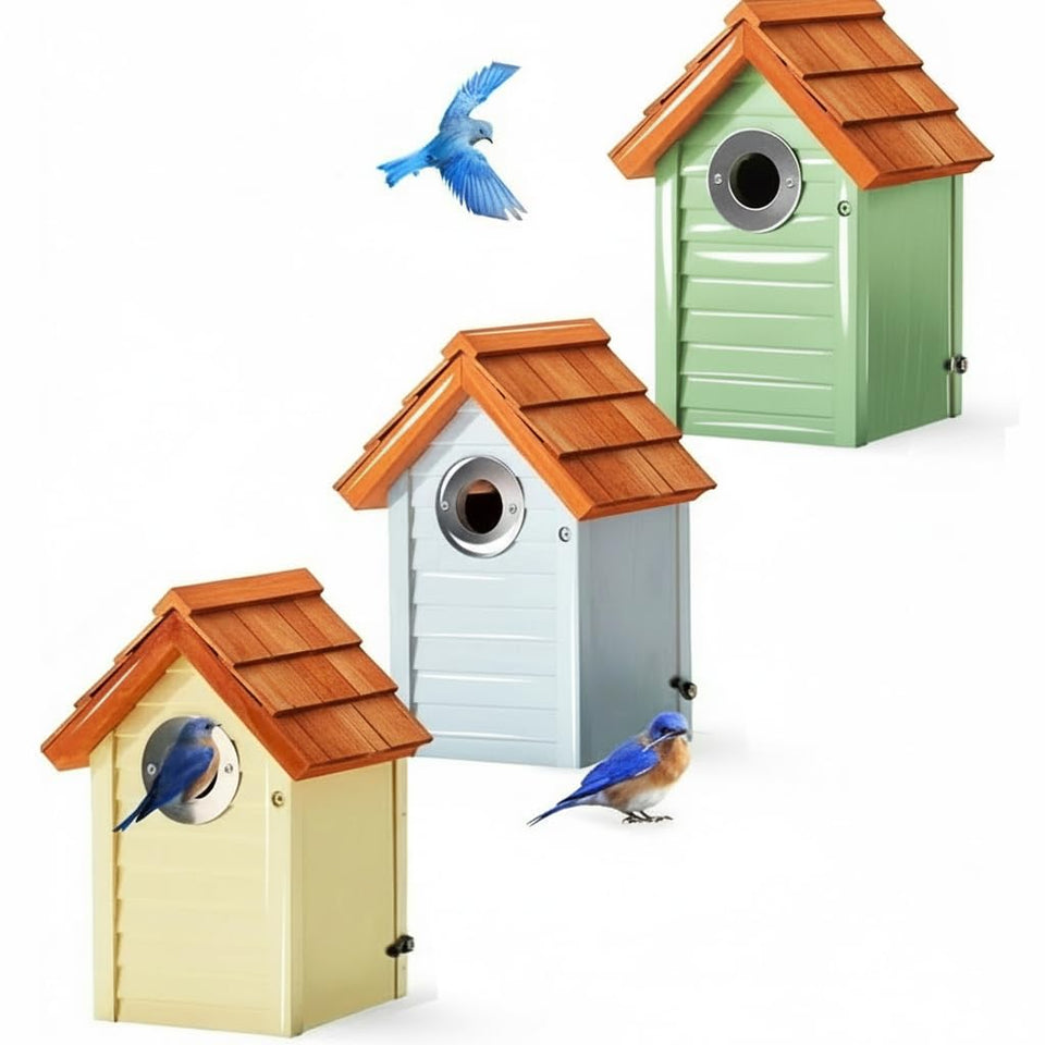 Cedar Alpha bluebird house 3-pack in outdoor garden with durable cedar finish