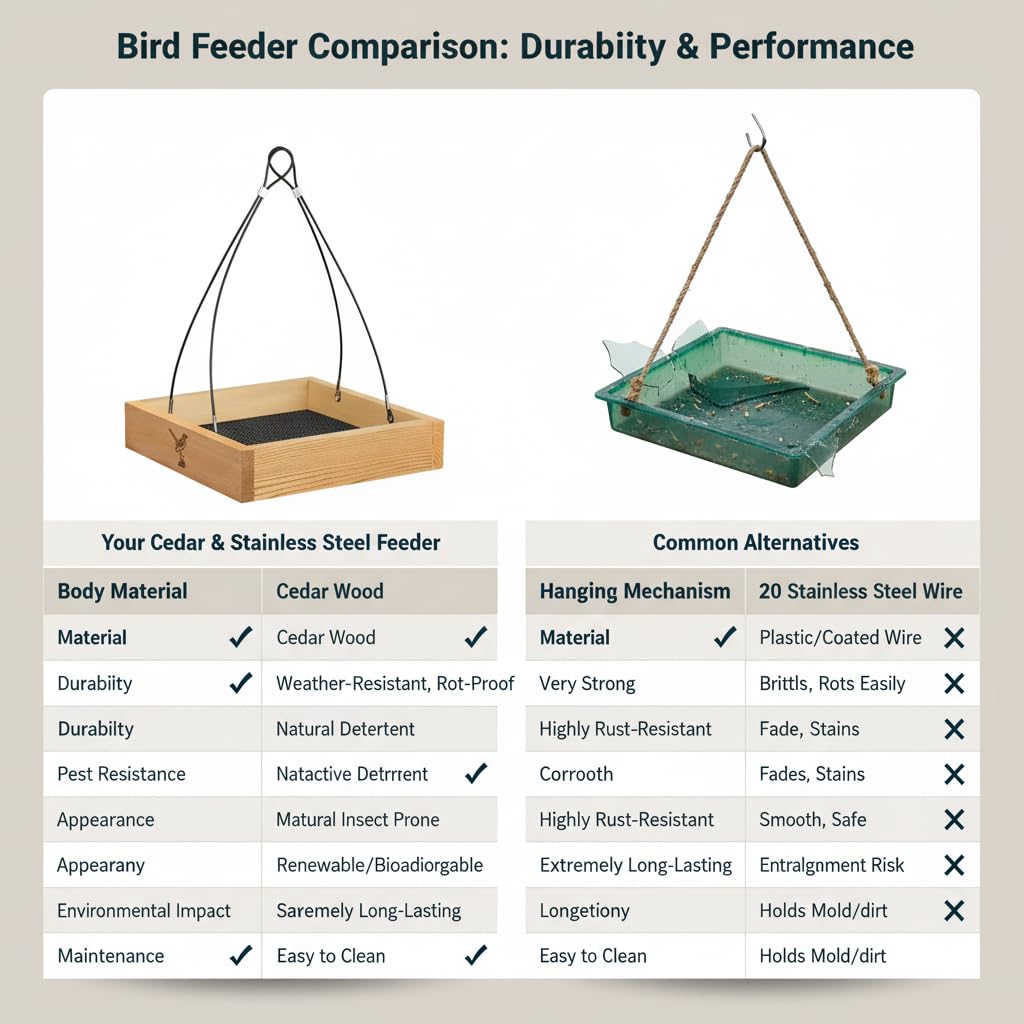 CEDAR ALPHA drained mesh-bottom design keeps seeds dry and reduces mess outdoors.
