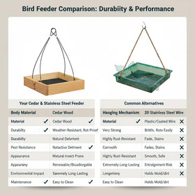 CEDAR ALPHA drained mesh-bottom design keeps seeds dry and reduces mess outdoors.