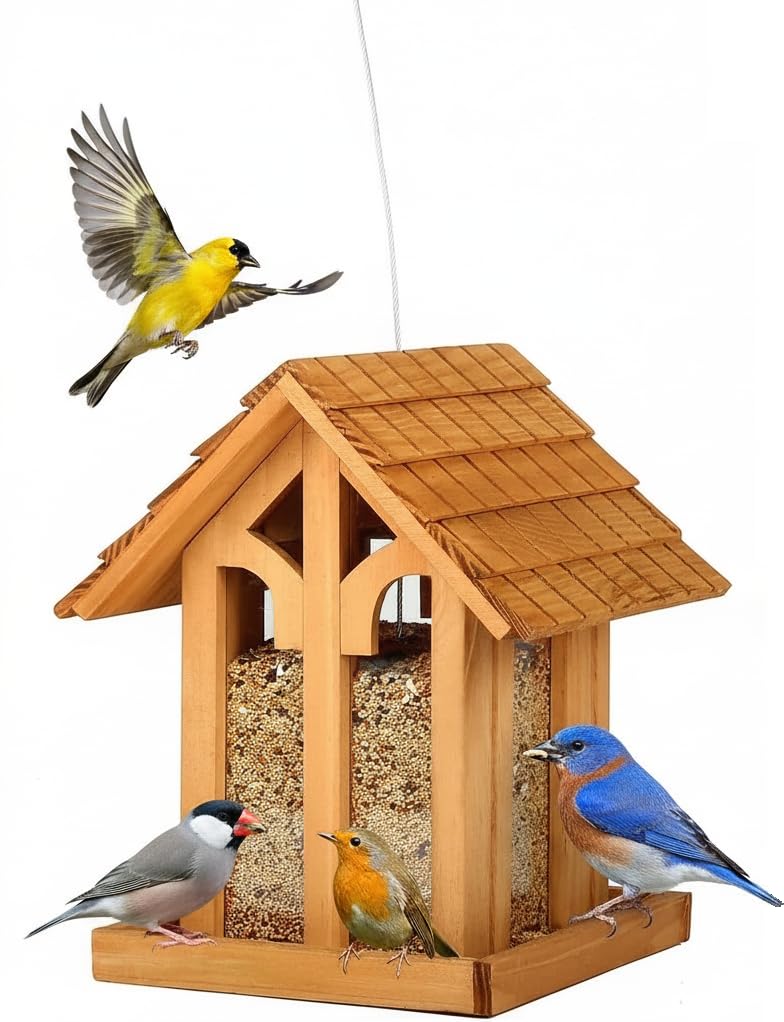 CEDAR ALPHA large outdoor bird feeder in chalet style attracting year-round birds