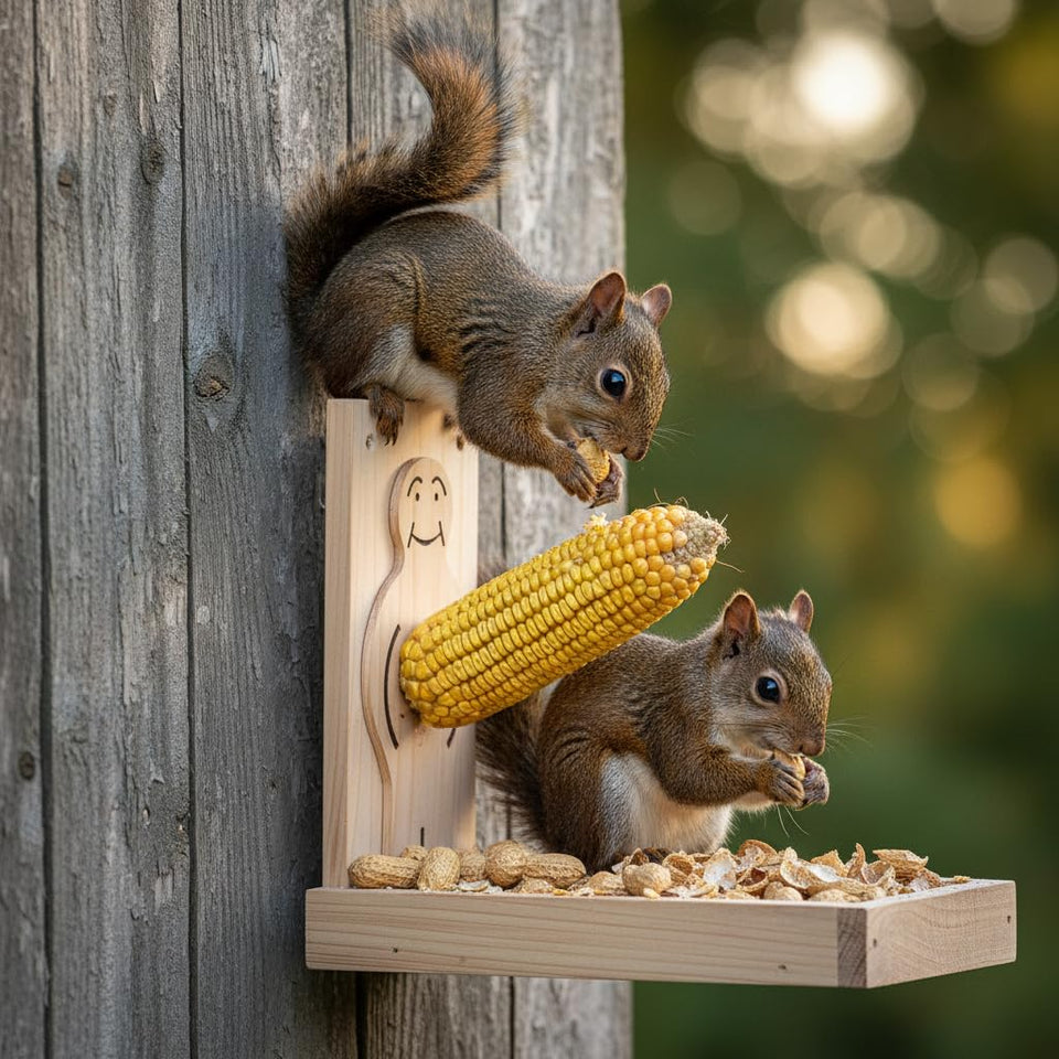 CEDAR ALPHA Proud Man Wild Squirrel Feeder table invites playful wildlife viewing