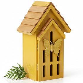 CEDAR ALPHA butterfly house with shingle roof in natural cedar wood for outdoor shelter.