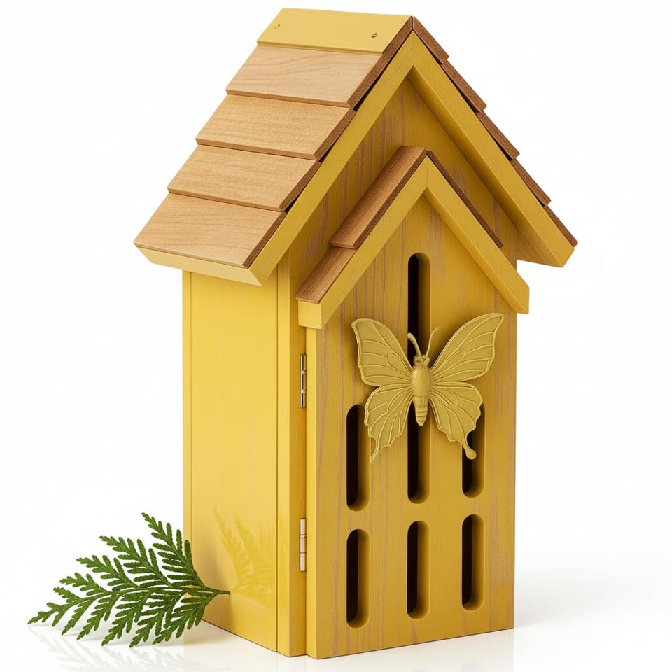 CEDAR ALPHA butterfly house with shingle roof in natural cedar wood for outdoor shelter.