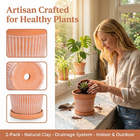 Cedilis terracotta pot with white vertical stripes adds vintage charm for patios.