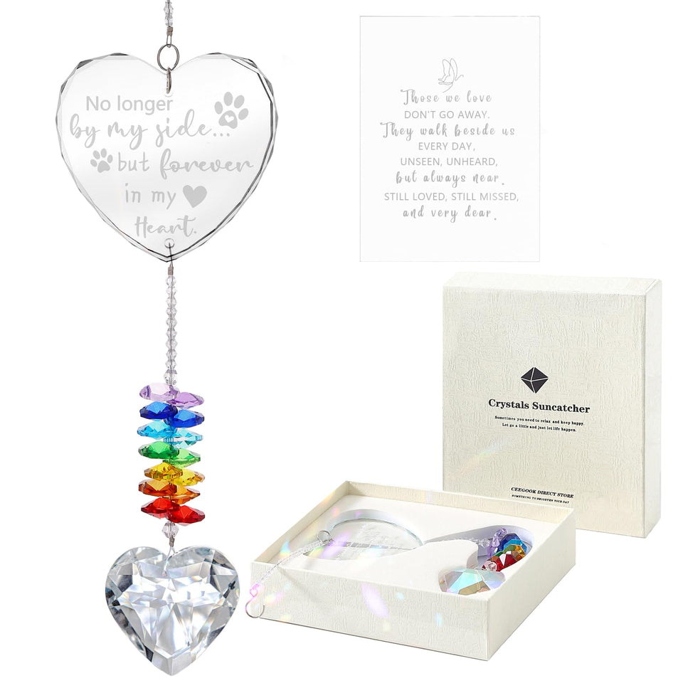 Ceegook dog memorial suncatcher heart crystal reflecting sunlight to honor a beloved pet.