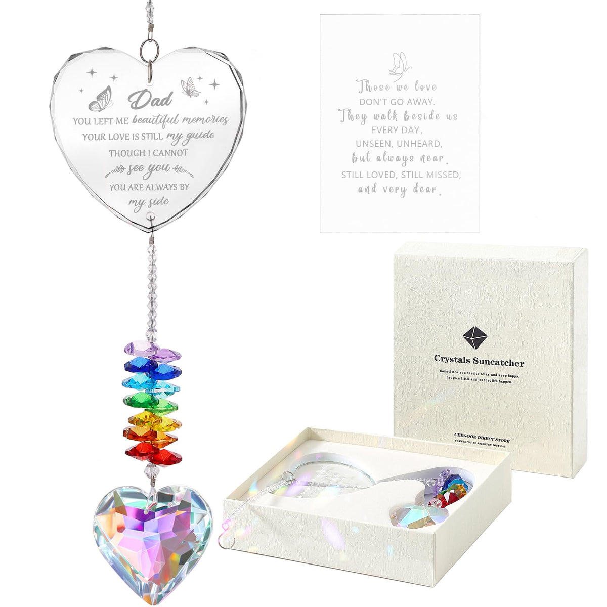 Ceegook suncatcher memorial dad heart crystal casting rainbow light in sunlight to honor dad.