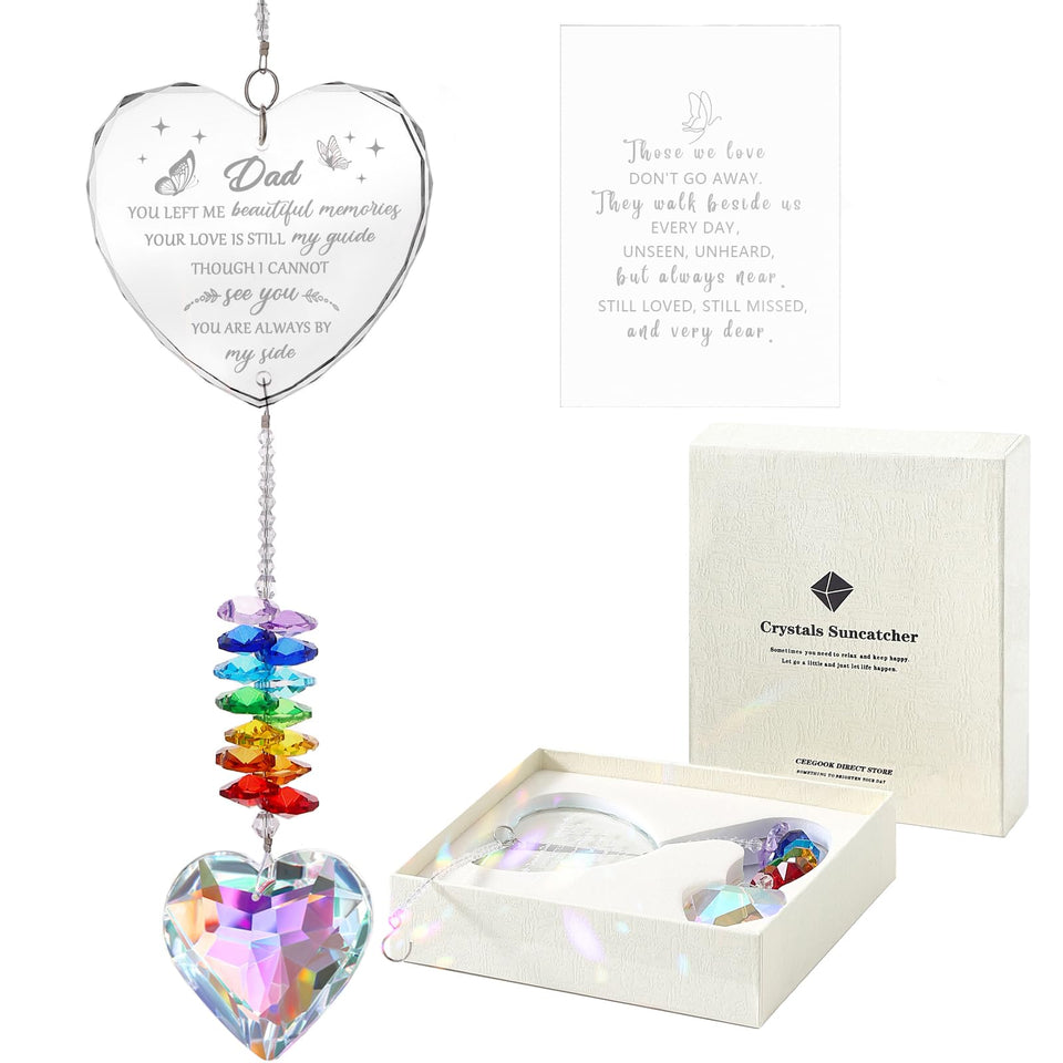 Ceegook suncatcher memorial dad heart crystal casting rainbow light in sunlight to honor dad.