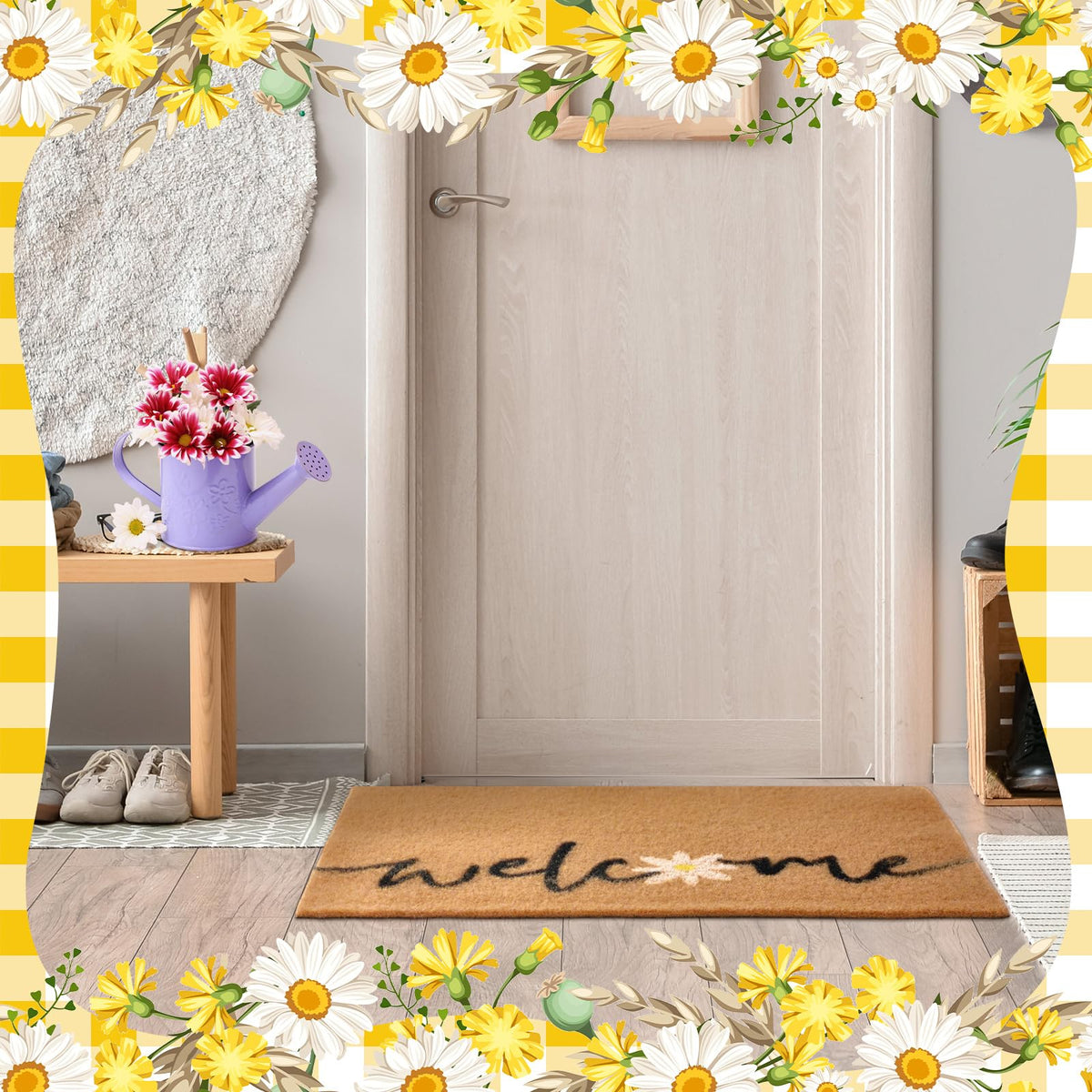 Spring floral doormat with daisies brightens entryways for welcoming entry.