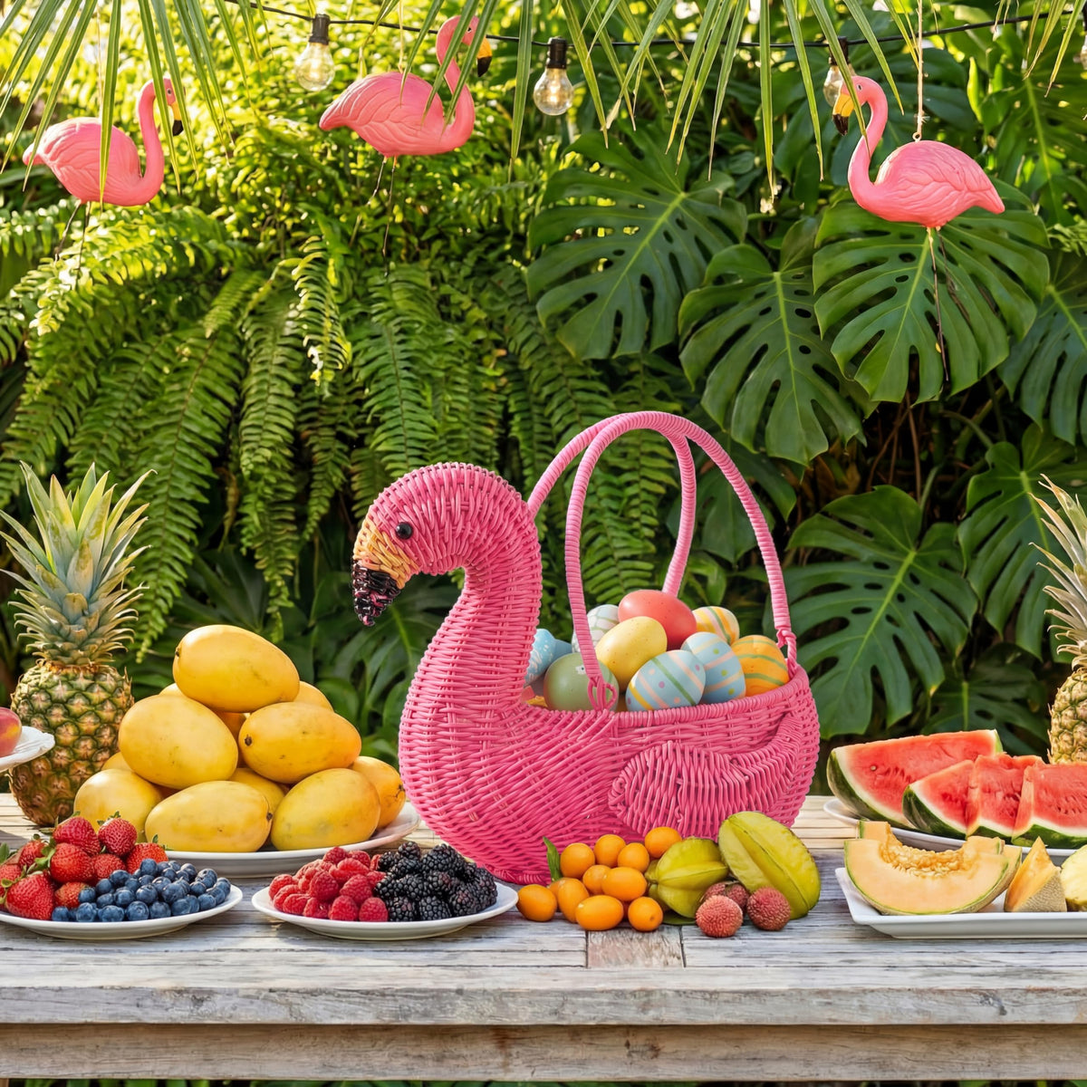 Ceenna flamingo wicker basket used for Easter eggs and decor