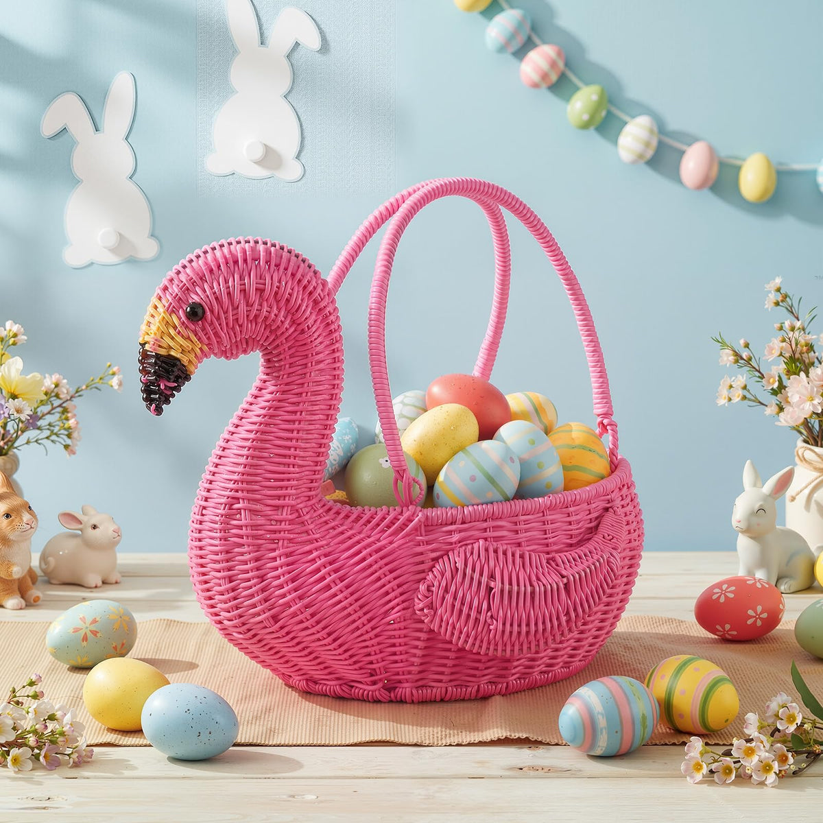 Ceenna pink flamingo wicker basket with handle, ideal for Easter eggs and decor