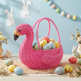 Ceenna pink flamingo wicker basket with handle, ideal for Easter eggs and decor