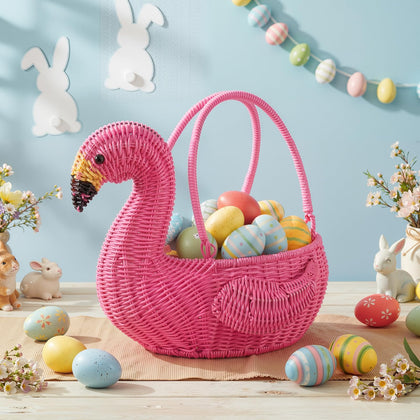 Ceenna pink flamingo wicker basket with handle, ideal for Easter eggs and decor