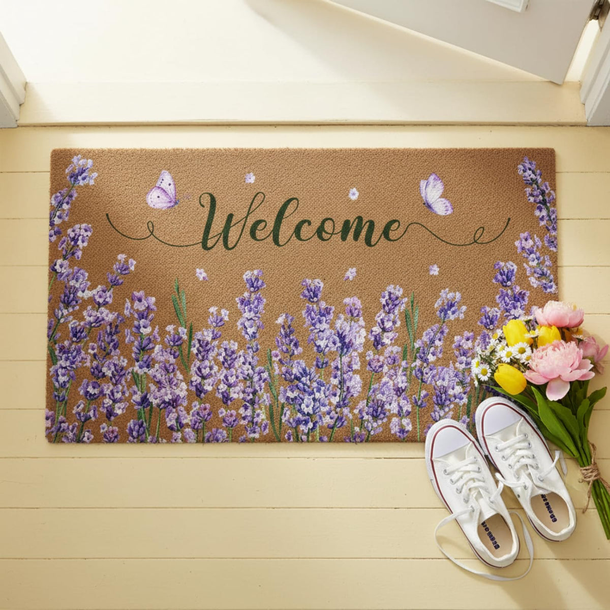 Ceenna spring floral doormat lavender welcome motif enhances entry