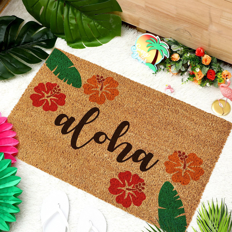 Ceenna Summer Coir Doormat with aloha floral pattern traps dirt at the doorstep.