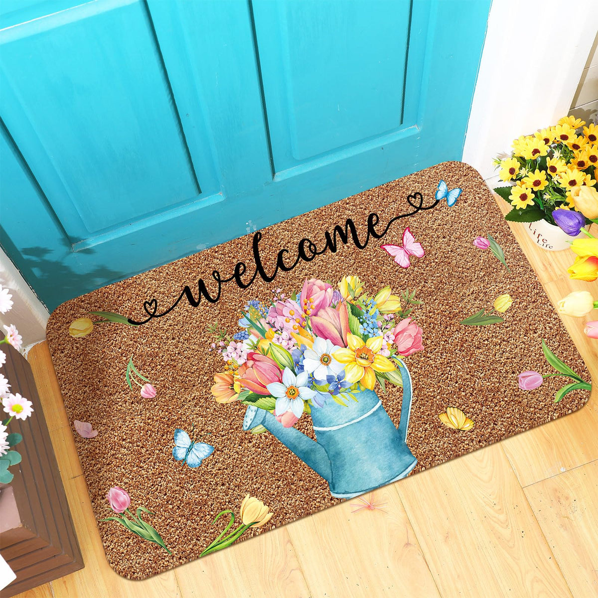 Ceenna watering-pot tulip doormat greets guests with a vibrant spring motif and dirt removal